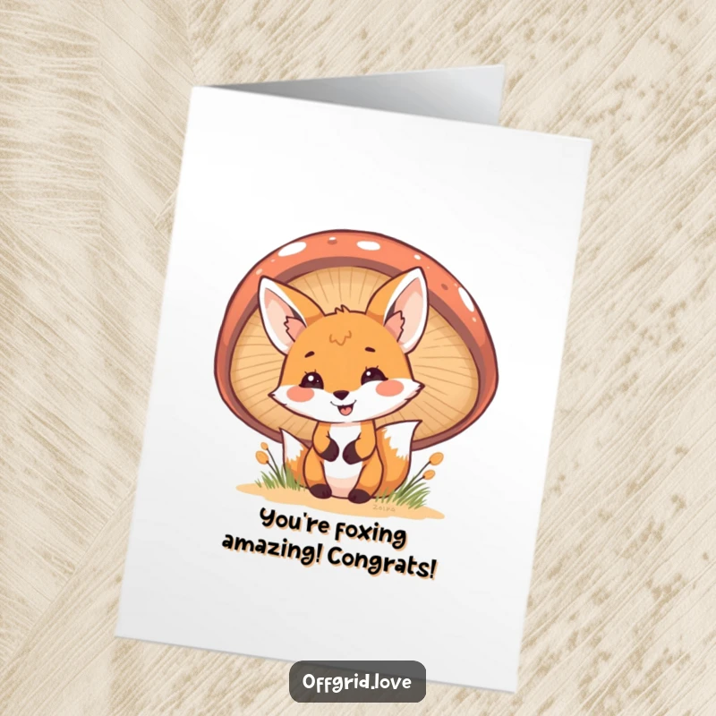 Funny Free Printable Congratulations Card featuring a cheerful fox peeking out from behind a big mushroom, celebrating a success.