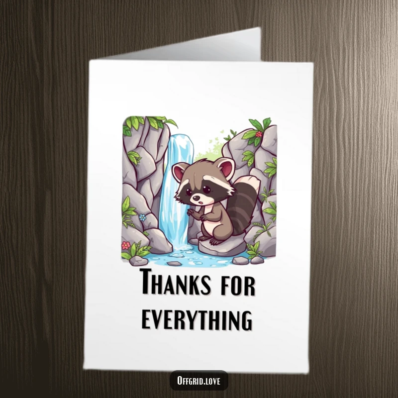 Funny Free Printable Thank You Card: Playful raccoon discovering a hidden waterfall, offering a whimsical and humorous thank you.