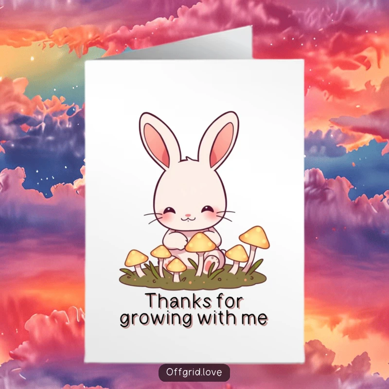 Funny Free Printable Thank You Card: Cute rabbit happily tending a garden of glowing mushrooms, sending thanks.