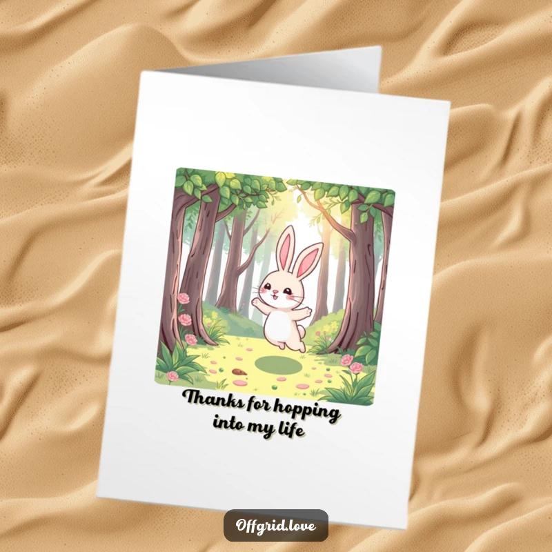 Funny Free Printable Thank You Card featuring a playful rabbit hopping joyfully through a sun-dappled forest, expressing thanks.