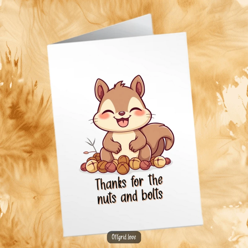 Funny Free Printable Thank You Card with a happy squirrel showing a wide grin while collecting nuts, expressing thanks.