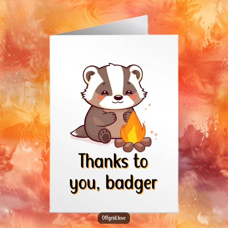 Funny Free Printable Thank You Card: Content badger warming by a campfire, a cozy and humorous way to express thanks.