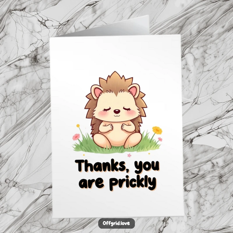 Funny Free Printable Thank You Card: Peaceful hedgehog meditating in a serene meadow, offering serene and humorous thanks.