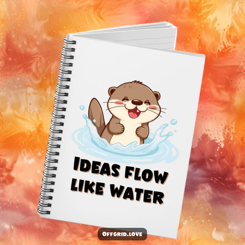 Funny notebook with a playful otter character splashing joyfully in a clear stream, inspiring fun notes and doodles.