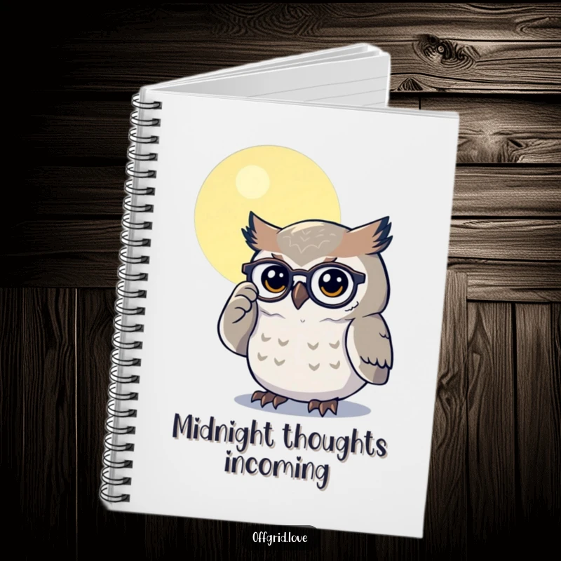 Funny notebook featuring a determined owl polishing spectacles under moonlight, ideal for jotting down wise observations.