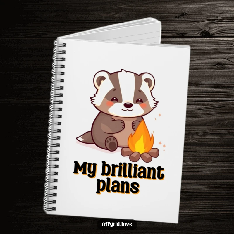 Funny notebook featuring a peaceful badger warming by a campfire, ideal for jotting down cozy thoughts and plans.