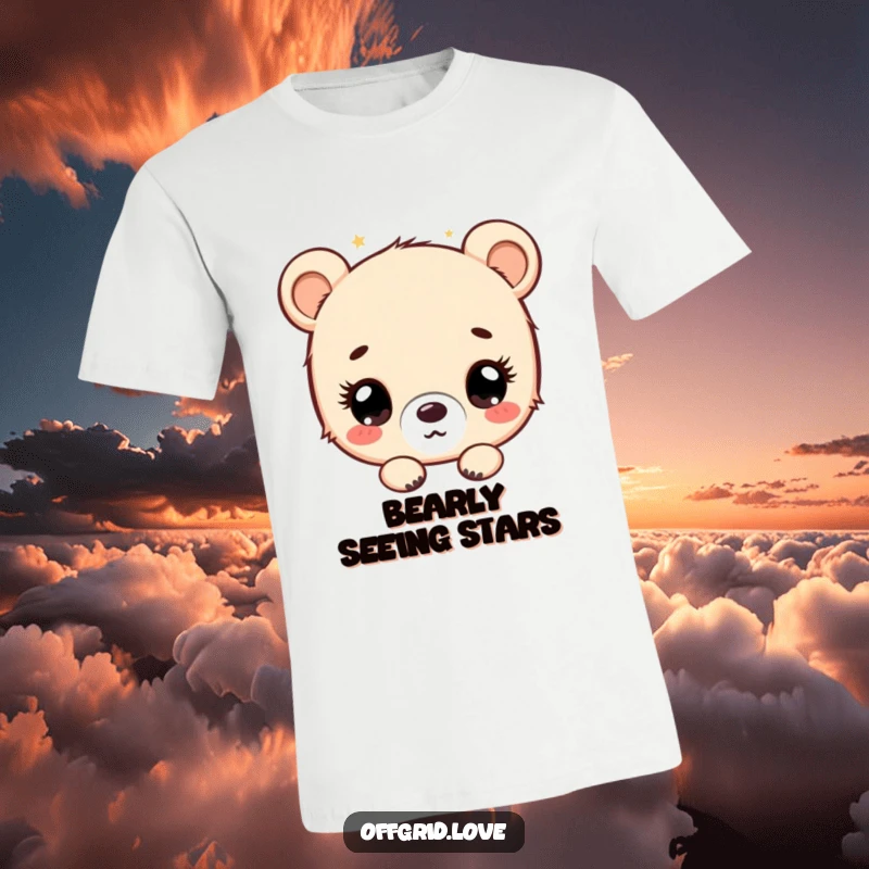 Funny bear cub looking up at the night sky with wonder, humorous t-shirt for stargazers.