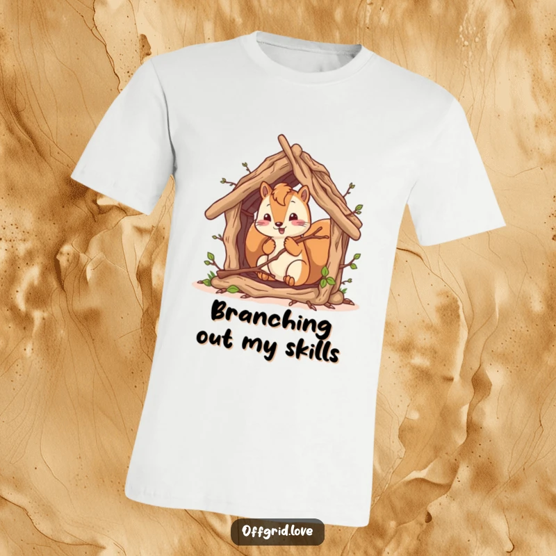 Funny squirrel character constructing a rustic twig shelter, showcasing excellent craftsmanship on a humorous t-shirt.