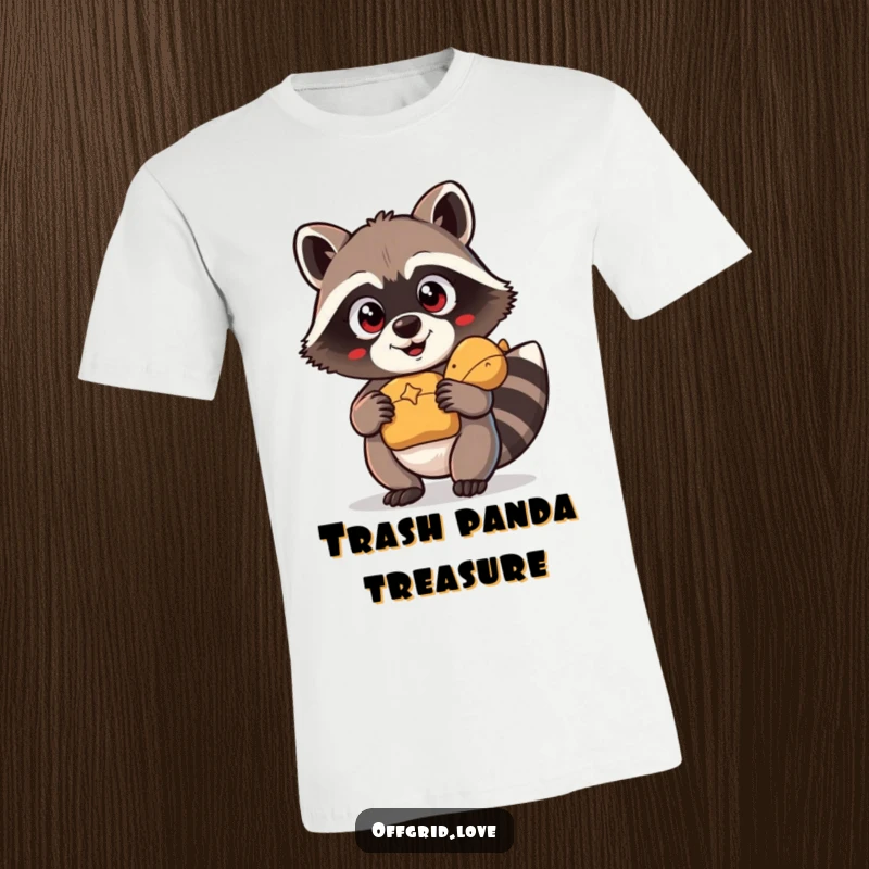 Funny T-Shirt: A wide-eyed, excited cartoon raccoon proudly holding a discovered shiny object.