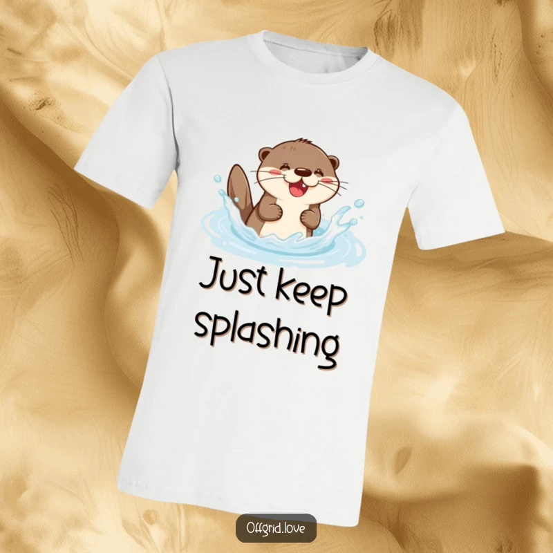 Funny t-shirt showcasing an ecstatic otter character having a blast splashing in a refreshing, sunlit natural stream.