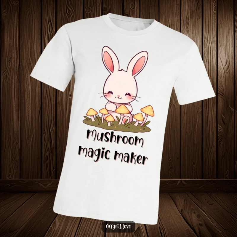 Funny Rabbit T-Shirt: Cute rabbit happily tends a garden of glowing mushrooms, showcasing funny magic and joy.