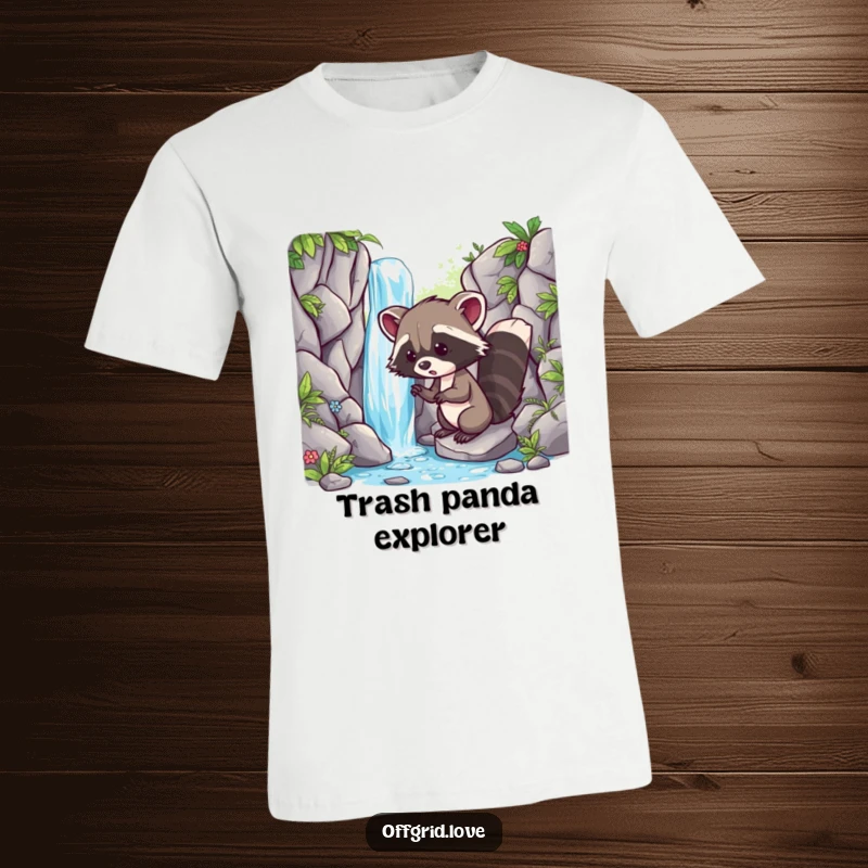Funny t-shirt with a playful racoon discovering a secret waterfall, embodying curiosity and the joy of exploration.