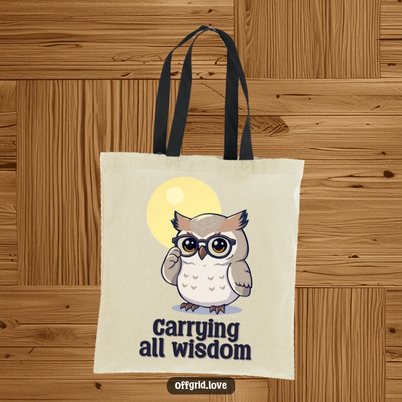 Funny tote bag with a determined owl polishing spectacles under moonlight, great for carrying books and wisdom.
