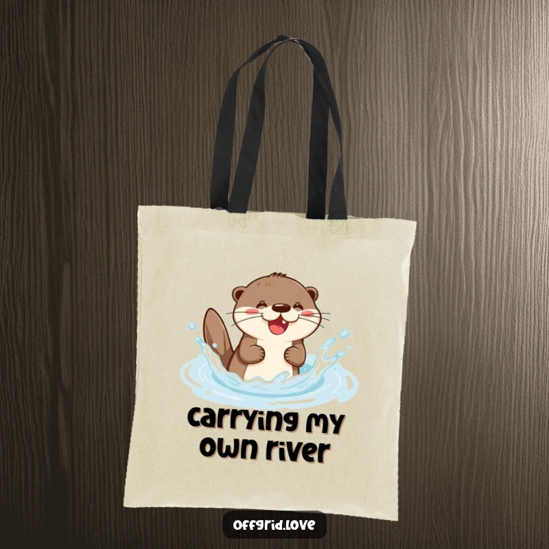 Funny tote bag featuring a delighted otter character joyfully splashing water in a bright, clear stream, showcasing happiness.