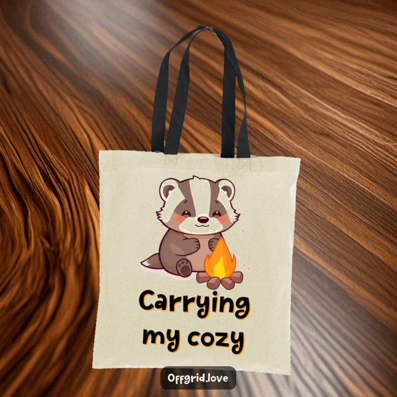 Funny tote bag with a content badger character warming by a campfire, great for outdoor lovers and humor fans.