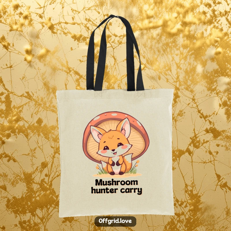 Funny Fox Tote Bag: A cheerful fox peeks from behind a mushroom, making it a humorous and practical accessory for woodland lovers.
