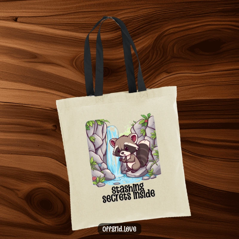 Funny tote bag with a curious racoon discovering a hidden waterfall, great for carrying essentials on adventures.