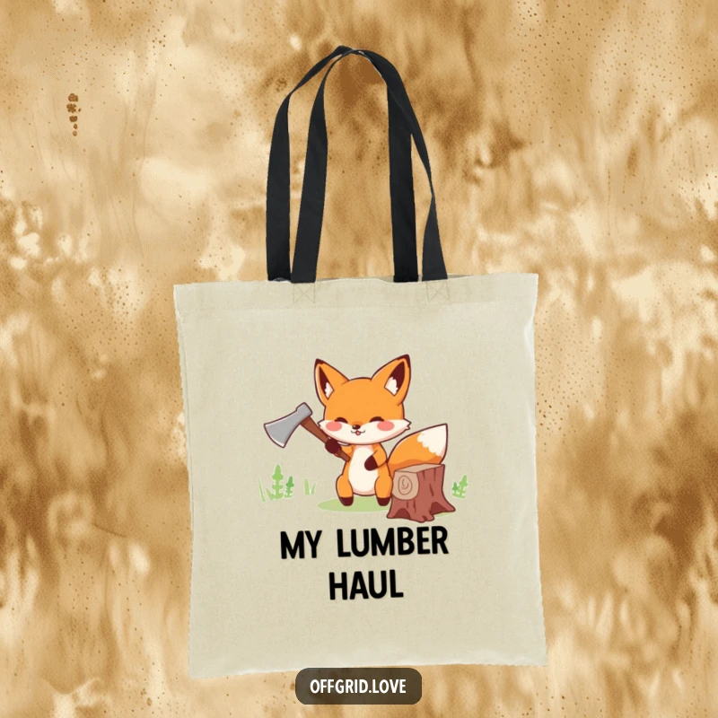 Funny Fox Tote Bag: Cute fox cheerfully chopping wood with a tiny axe, a functional and funny gift.